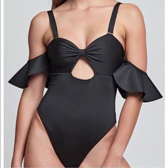 Anthropologie x Boamar Flavia Black One-Piece Swimsuit Removable Ruffle Sleeve M - Picture 3 of 9
